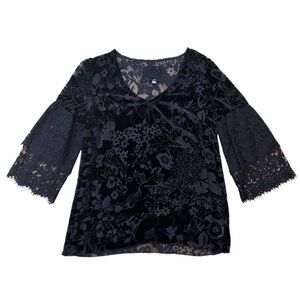 Johnny Was Eureka Burnout Velvet Black Floral Lace Details Blouse